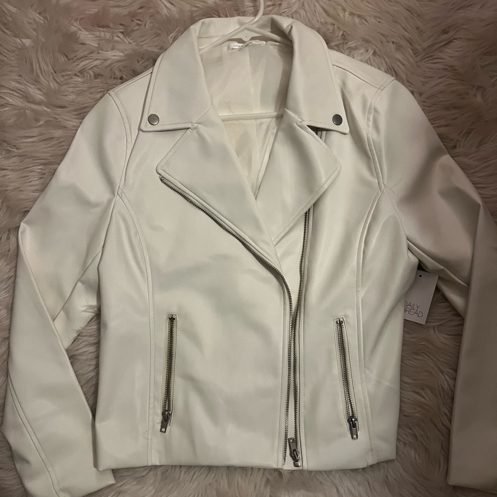 white faux leather jacket, never worn, tags still on